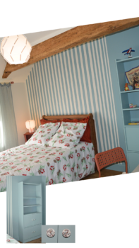 chambre d'enfant avec un lit ancien rénové. Couleurs naturelles